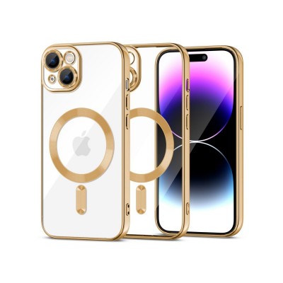 Husa iPhone 15, Magshine Magsafe, Transparenta Cu Margine Gold